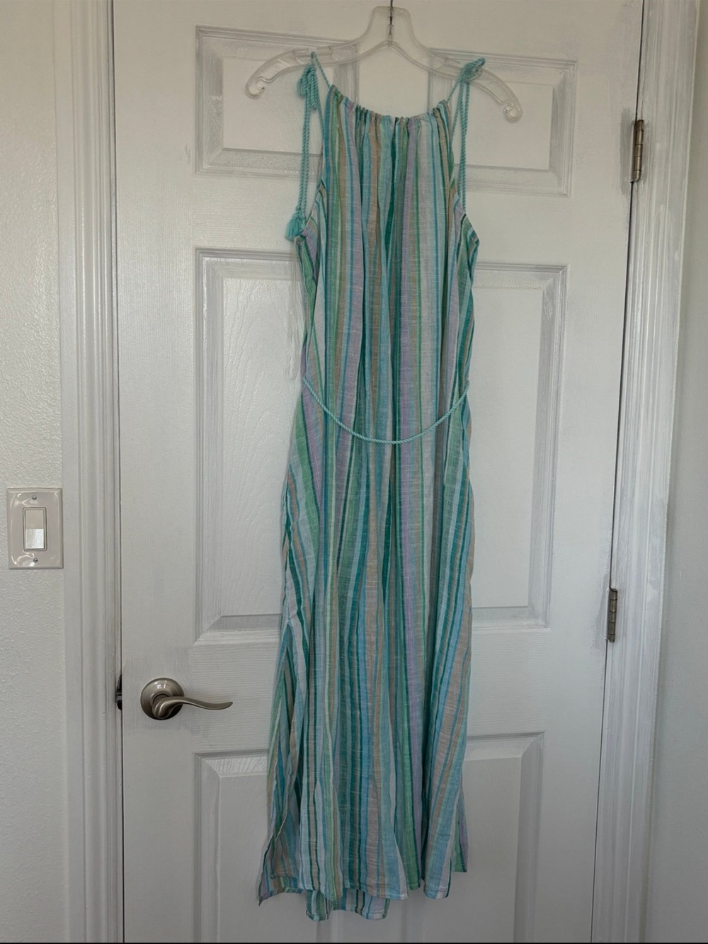 Striped Mint & White Tie-Shoulder Maxi Dress size L - Picture 5 of 13